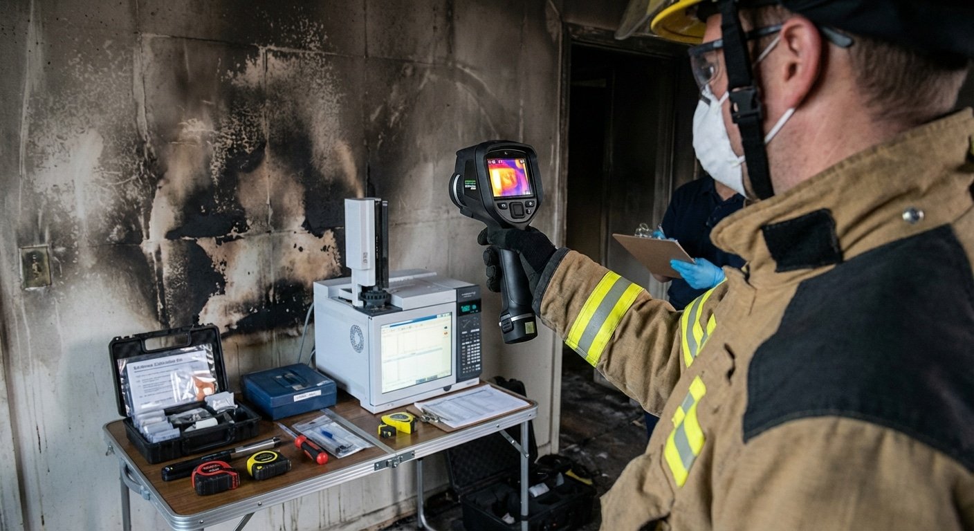 Expert incendie utilisant une caméra thermique