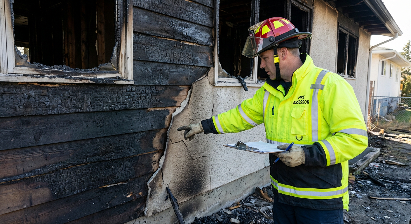 Expert inspectant les degats d'un incendie de maison
