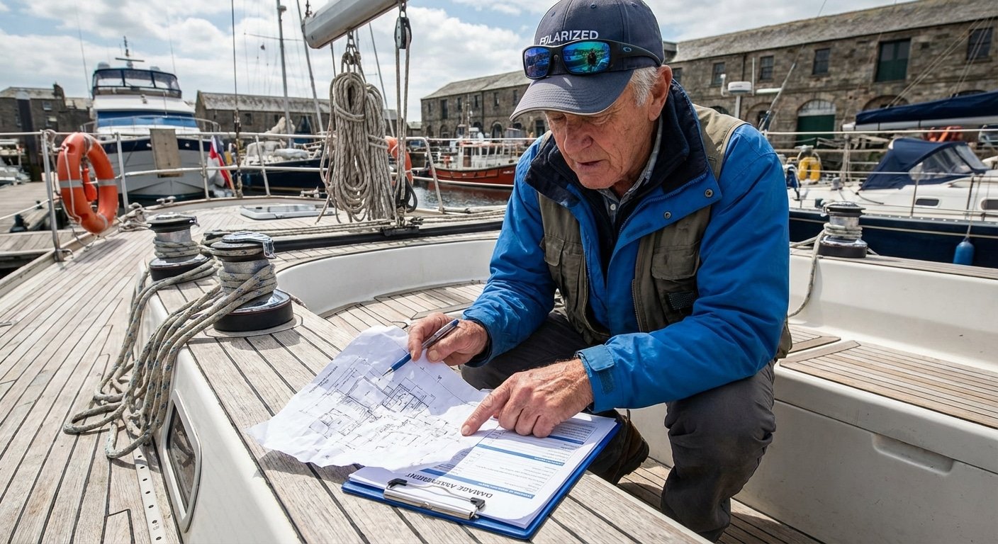 Expert maritime évaluant les dommages sur le pont du yacht