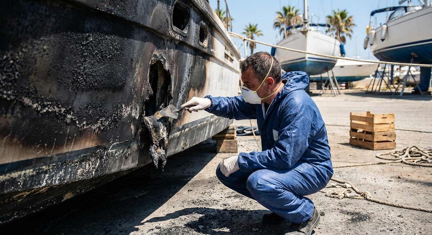 Expert maritime examinant les degats d'un feu de bateau