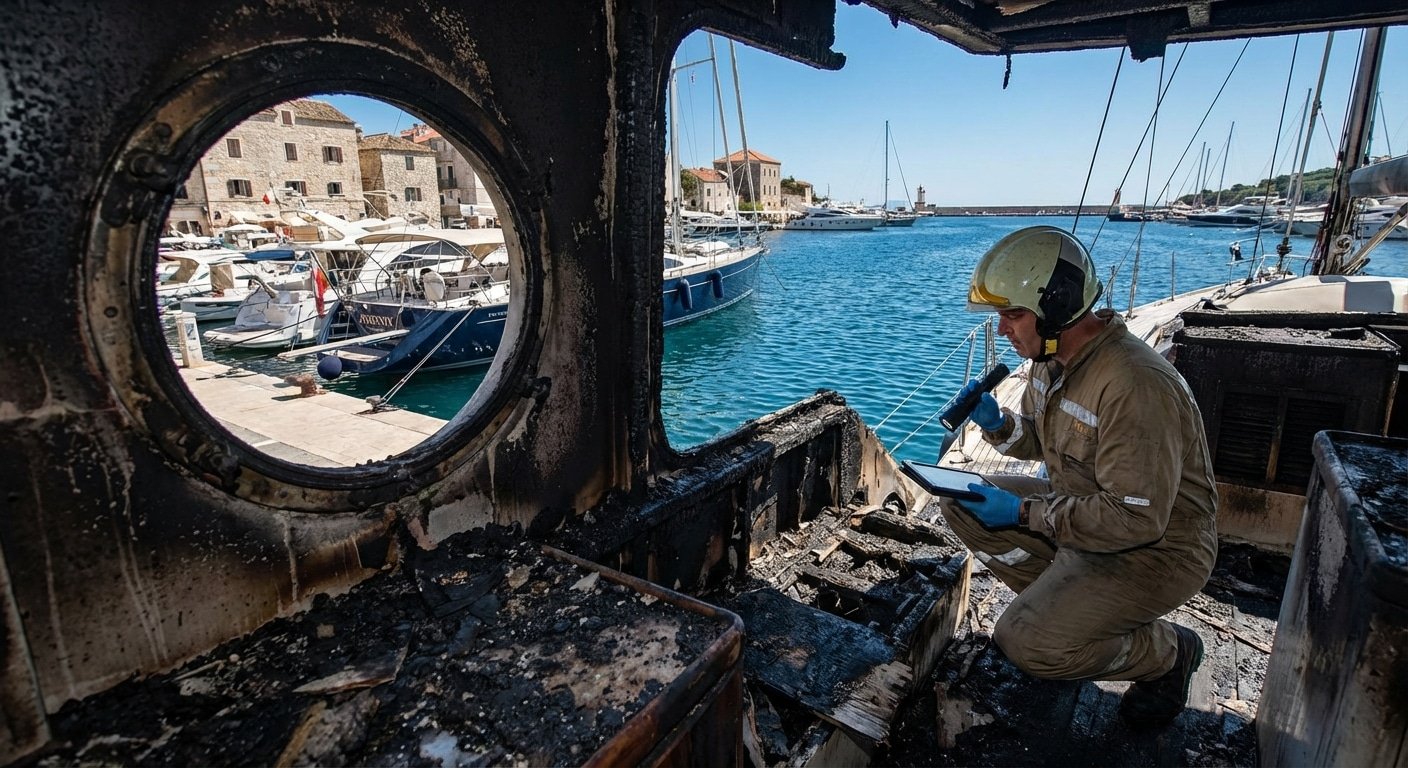 Expert maritime examinant un yacht apres incendie en Mediterranee