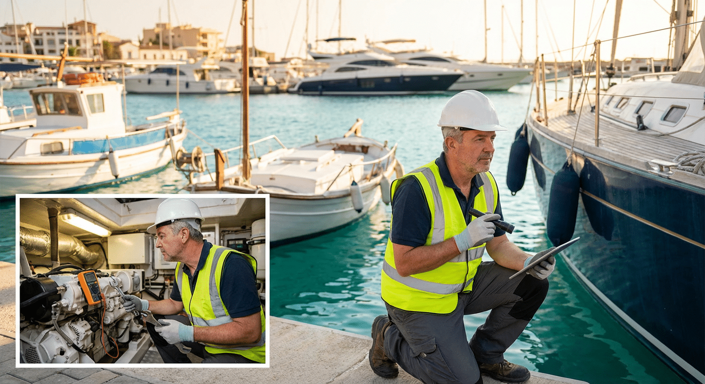 Expert maritime inspectant la coque et la salle des machines d'un yacht lors d'une expertise pré-achat dans une marina