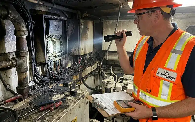 Expert maritime inspectant les dommages electriques d un bateau
