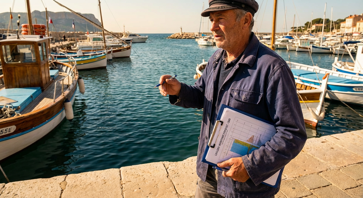 Expert maritime marchant le long du quai en Mediterranee