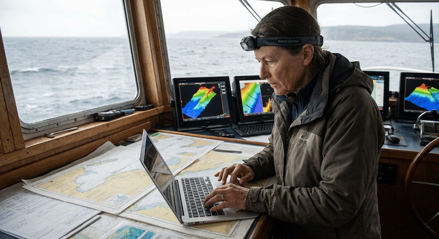 Expert maritime redigeant un rapport d expertise a bord d un navire