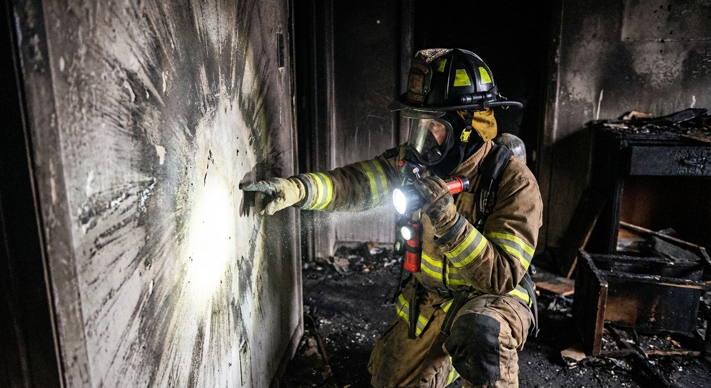 Expert RCCI analysant une scene d'incendie avec lampe torche