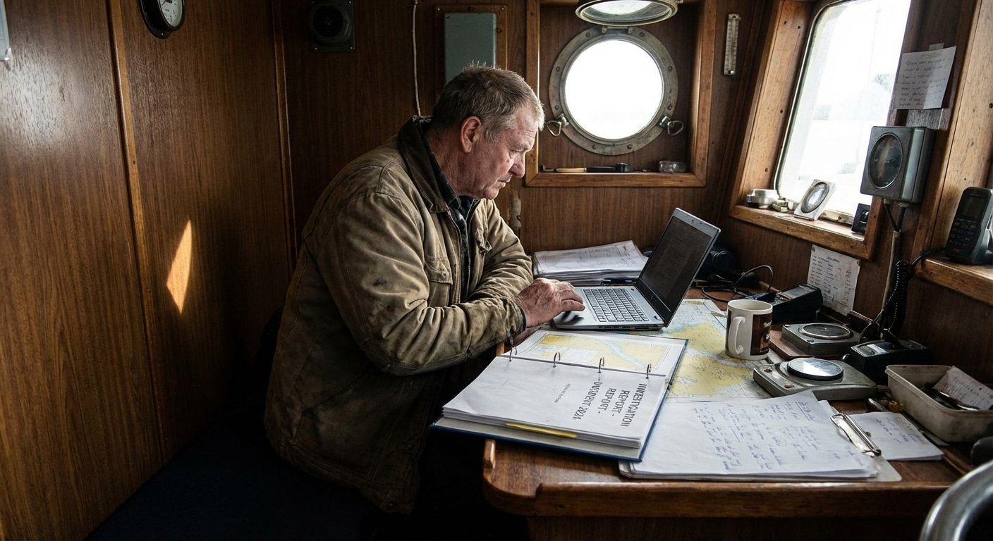 Expert redigeant un rapport a bord du navire