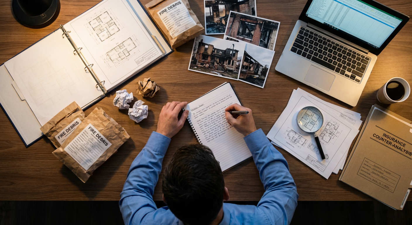 Expert redigeant un rapport de contre-expertise incendie