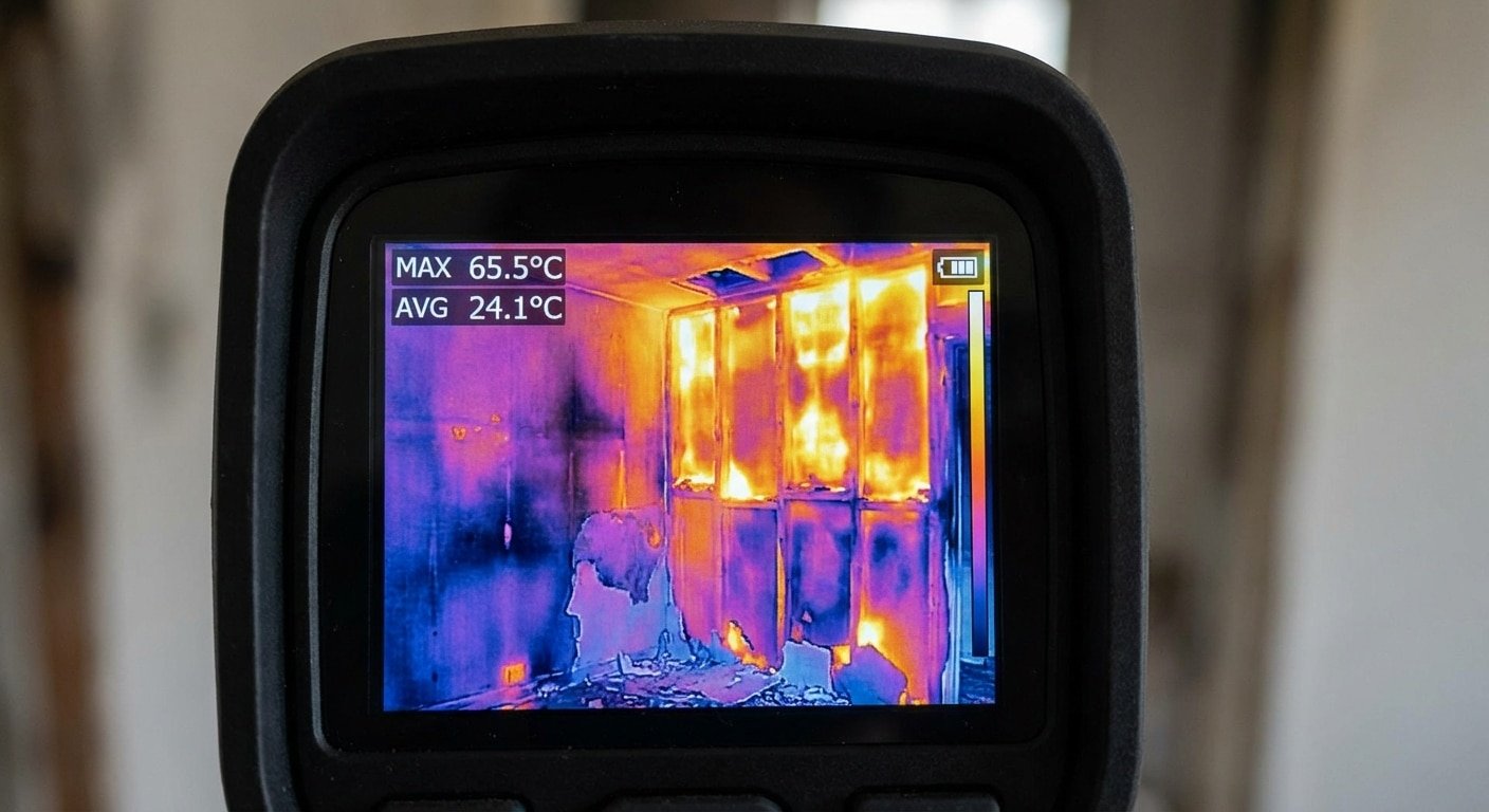 Scan par camera thermique des murs endommages par le feu montrant les schemas de penetration de chaleur
