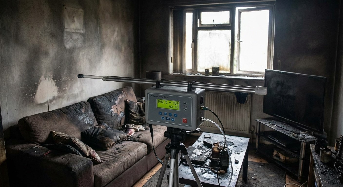 Equipement de test de qualite de l air dans un appartement sinistre mesurant les particules fines