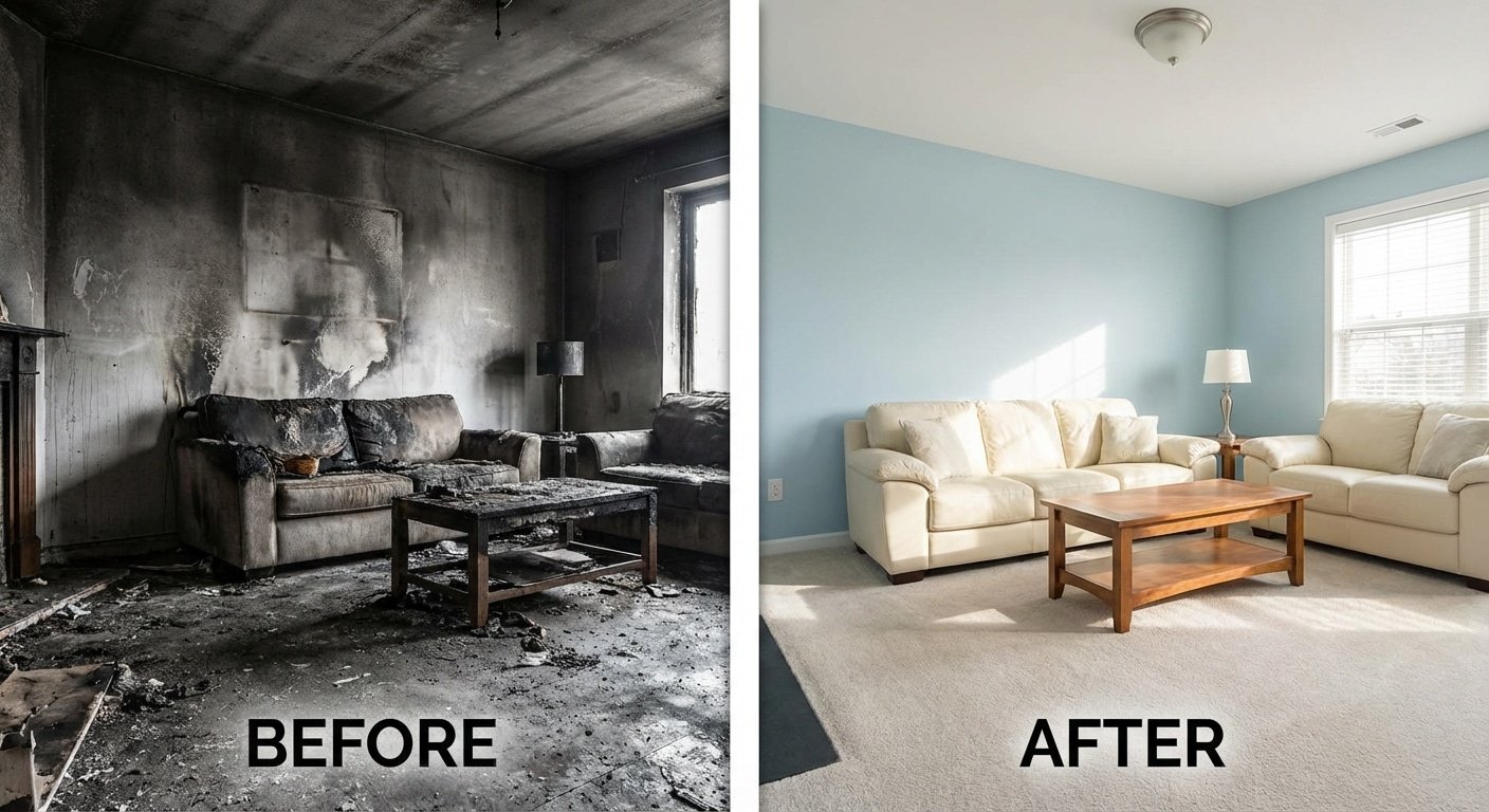 Comparaison avant et apres des travaux de restauration d une piece endommagee par un incendie