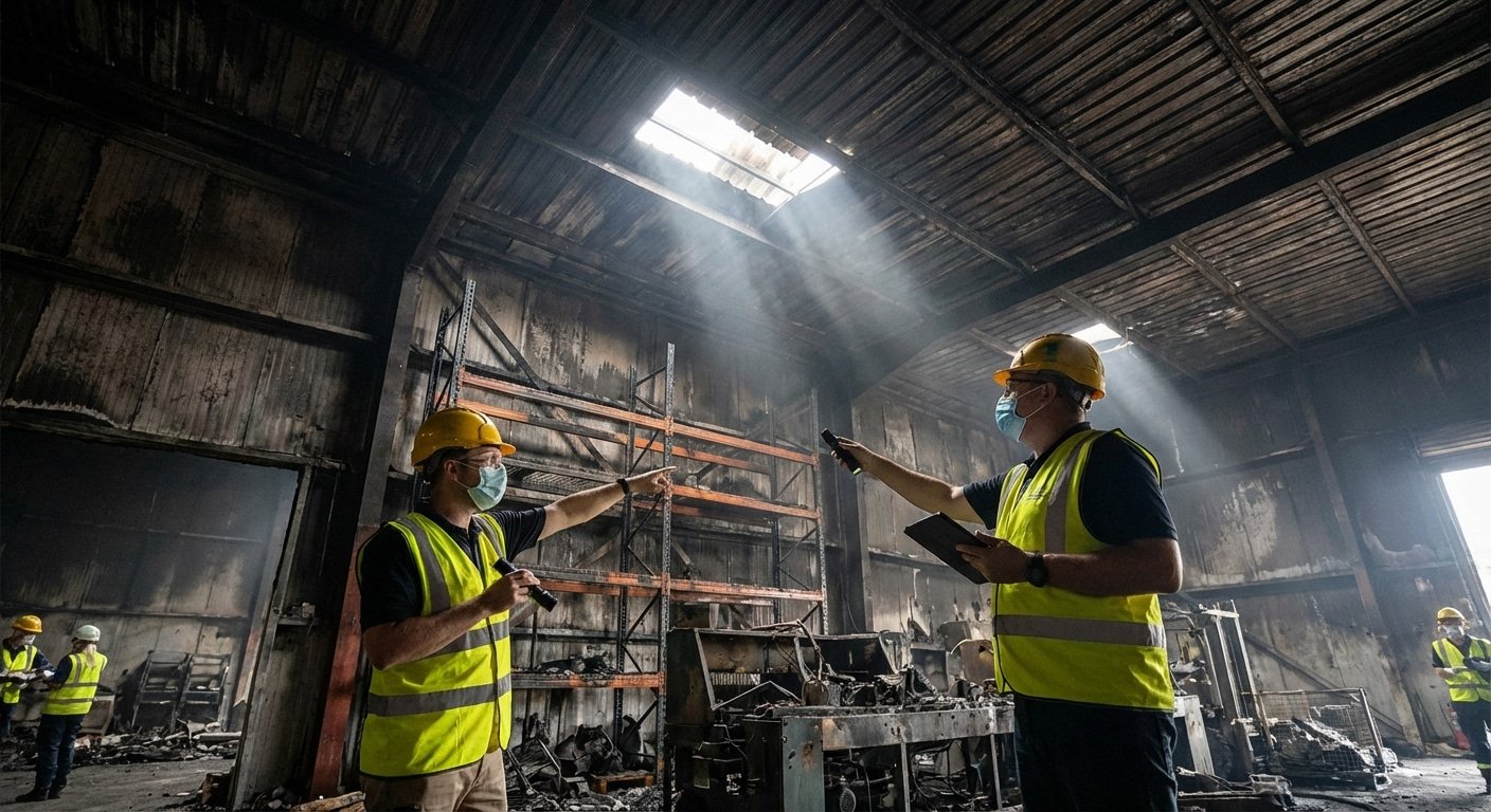 Expertise incendie entreprise : expert inspectant les dégâts dans un entrepôt après un sinistre