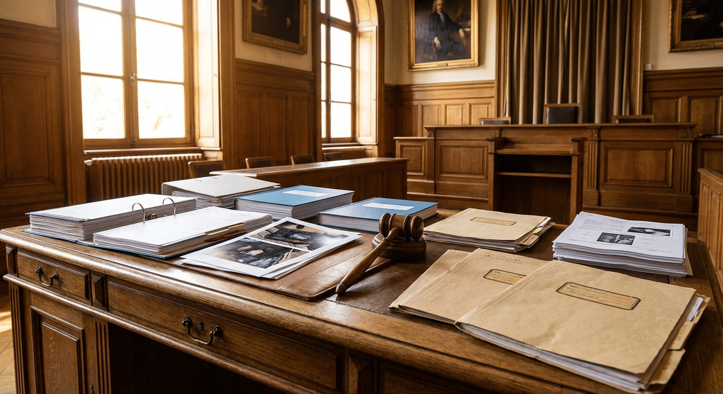 Expertise judiciaire incendie - documents juridiques et marteau de juge sur un bureau de tribunal