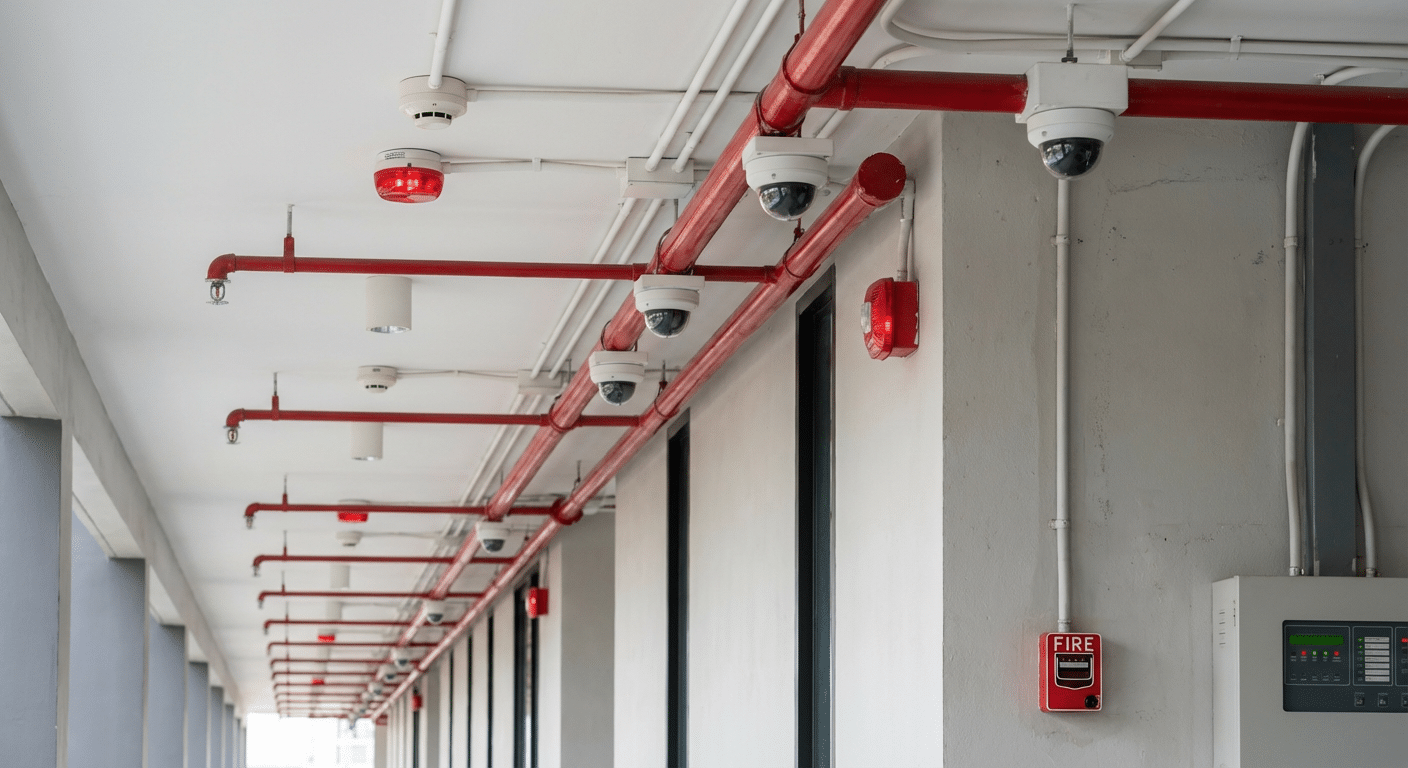 Mesures de securite anti-incendie cameras alarmes et sprinklers installes