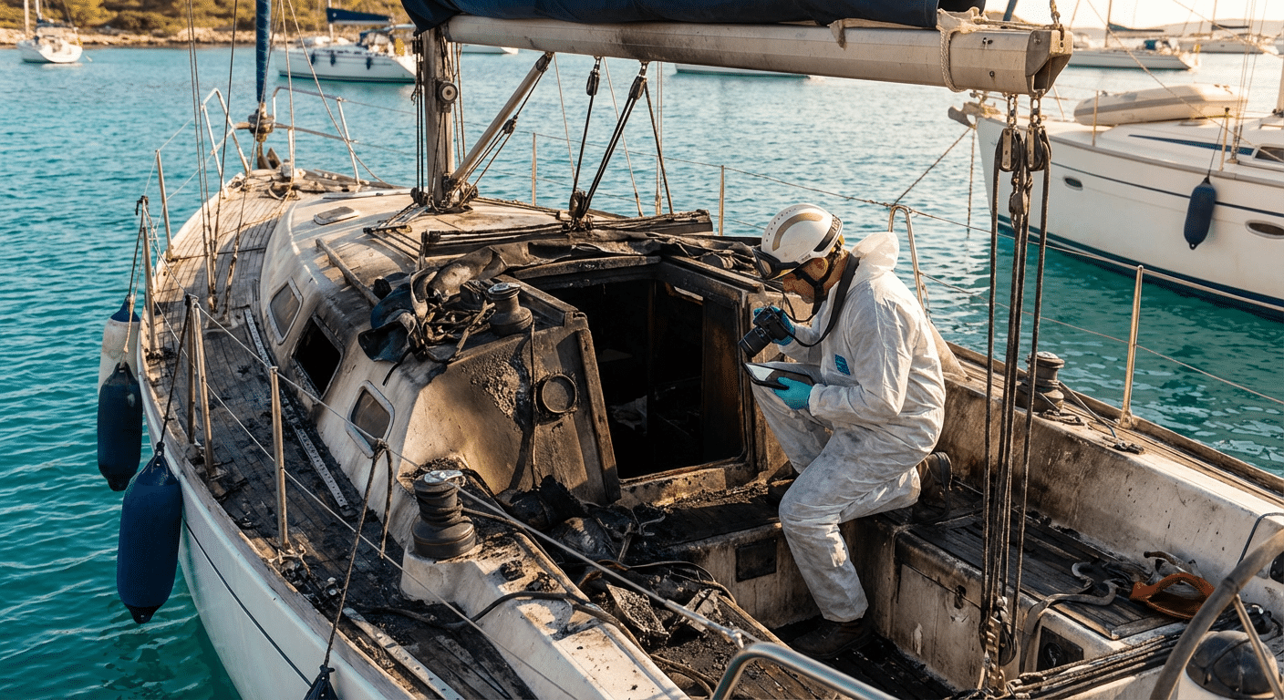 Expert incendie inspectant un voilier endommagé au mouillage