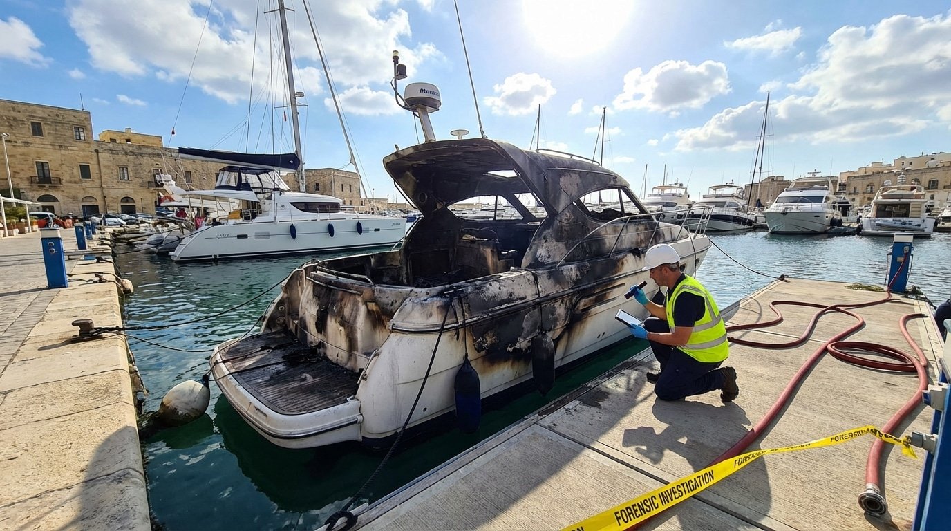 Expertise sinistre bateau de plaisance - expert maritime inspectant un navire endommage par le feu