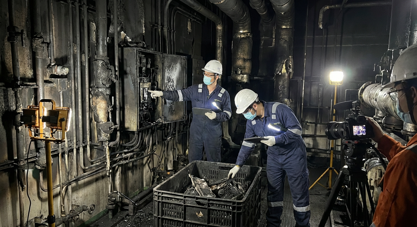 Experts en casques examinant les degats d'un feu de navire