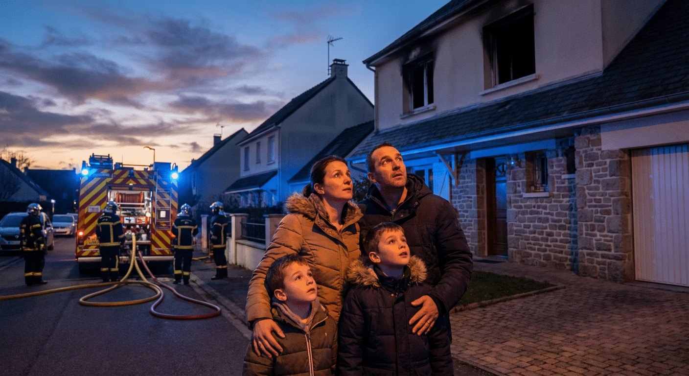 Famille devant leur maison apres un incendie avec pompiers en arriere-plan