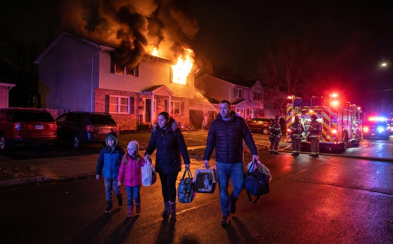 Famille évacuant un logement en flammes lors d un incendie domestique