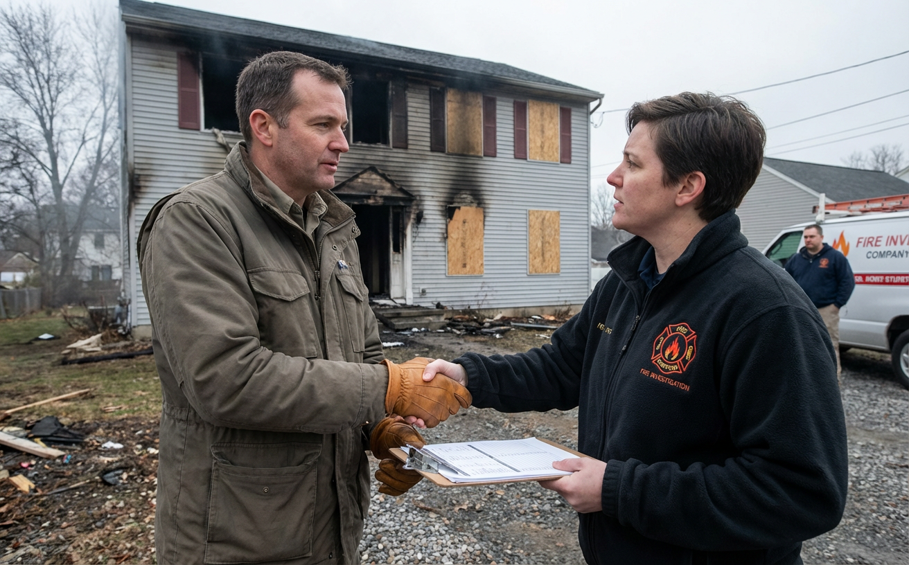 Propriétaire et expert incendie discutant des coûts devant une maison sinistrée