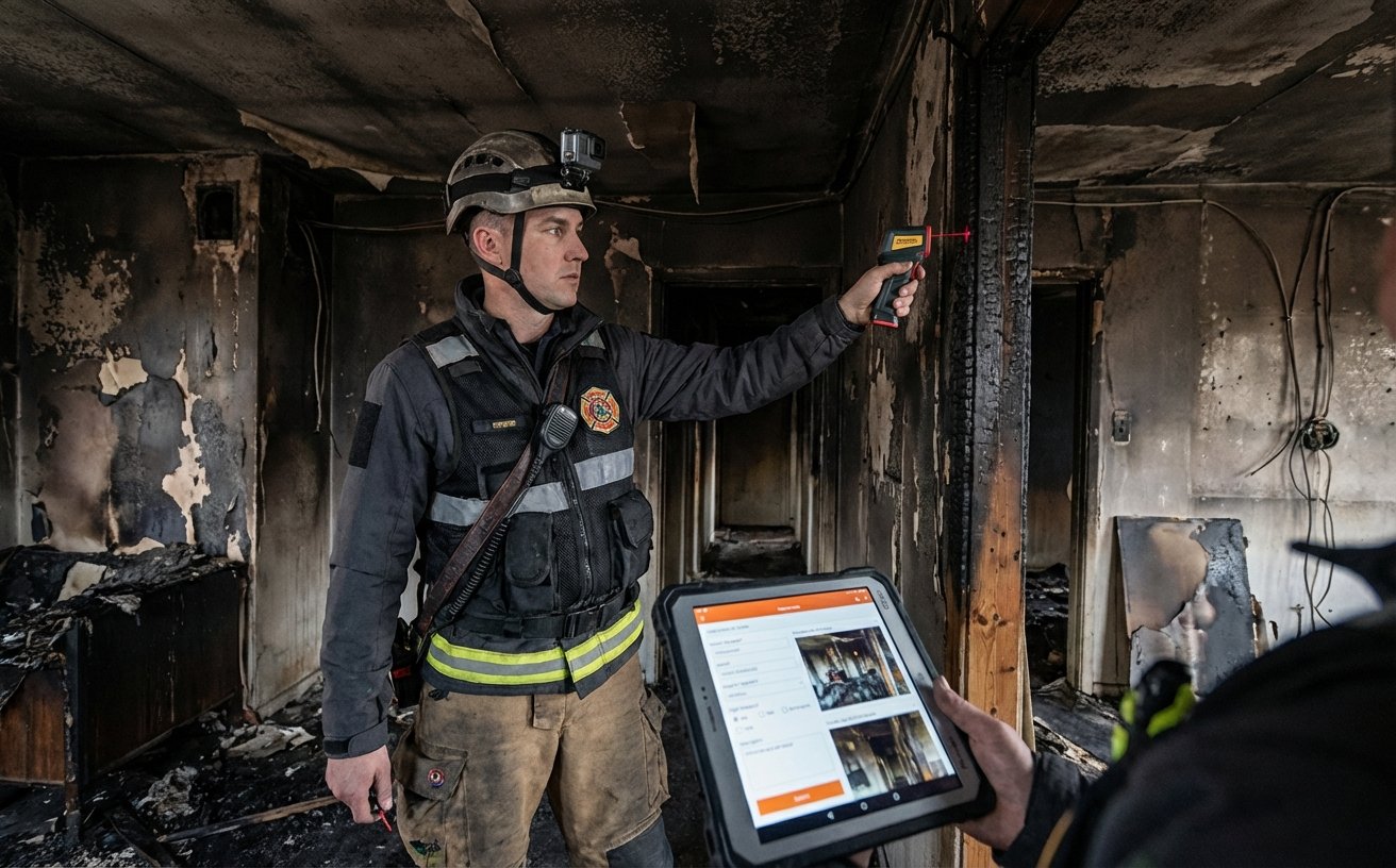 Expert incendie évaluant les dégâts et coûts de réparation dans un appartement brûlé