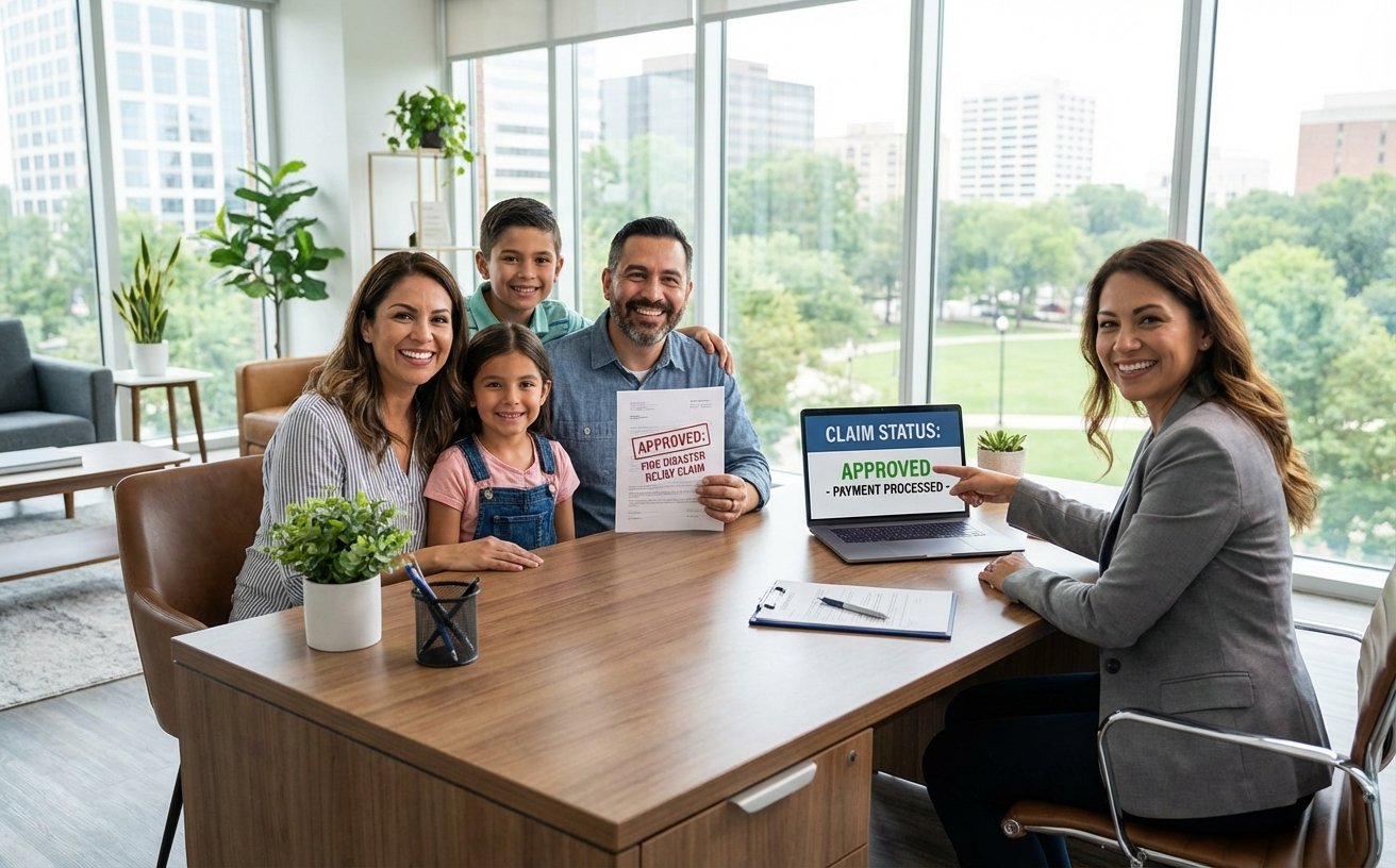 Famille recevant la confirmation d’indemnisation de leur assurance après un sinistre incendie