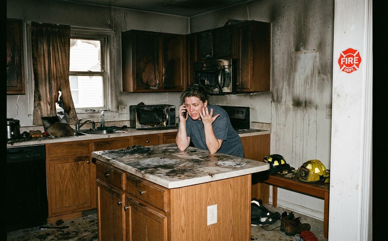 Propriétaire appelant son assurance en urgence après un incendie dans sa cuisine