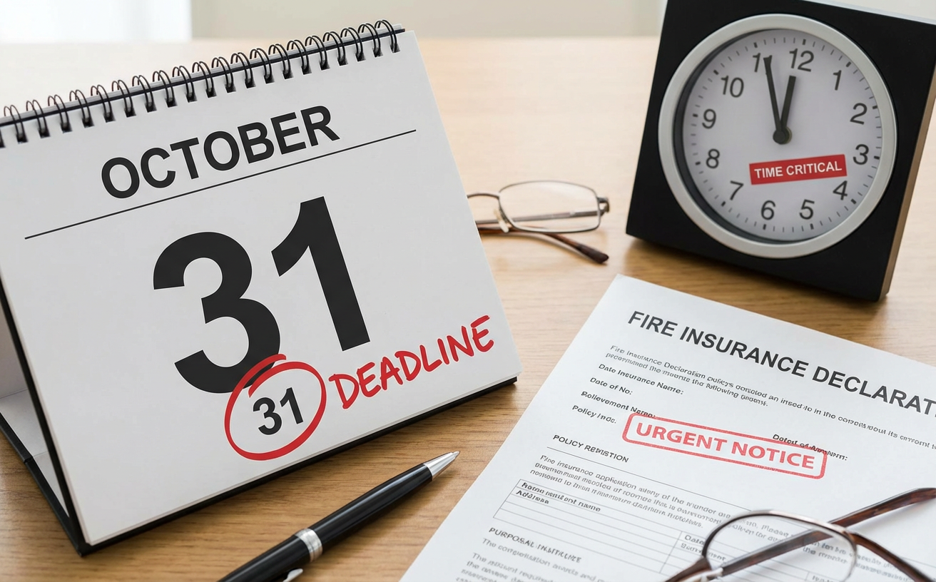 Calendrier avec date limite de déclaration de sinistre incendie et documents d’assurance