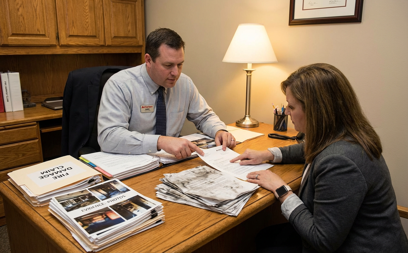 Agent d’assurance et sinistré examinant ensemble les documents de déclaration incendie