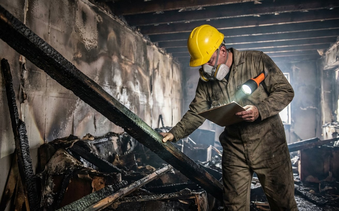 Expert incendie examinant les dégâts dans un bâtiment sinistré après un feu