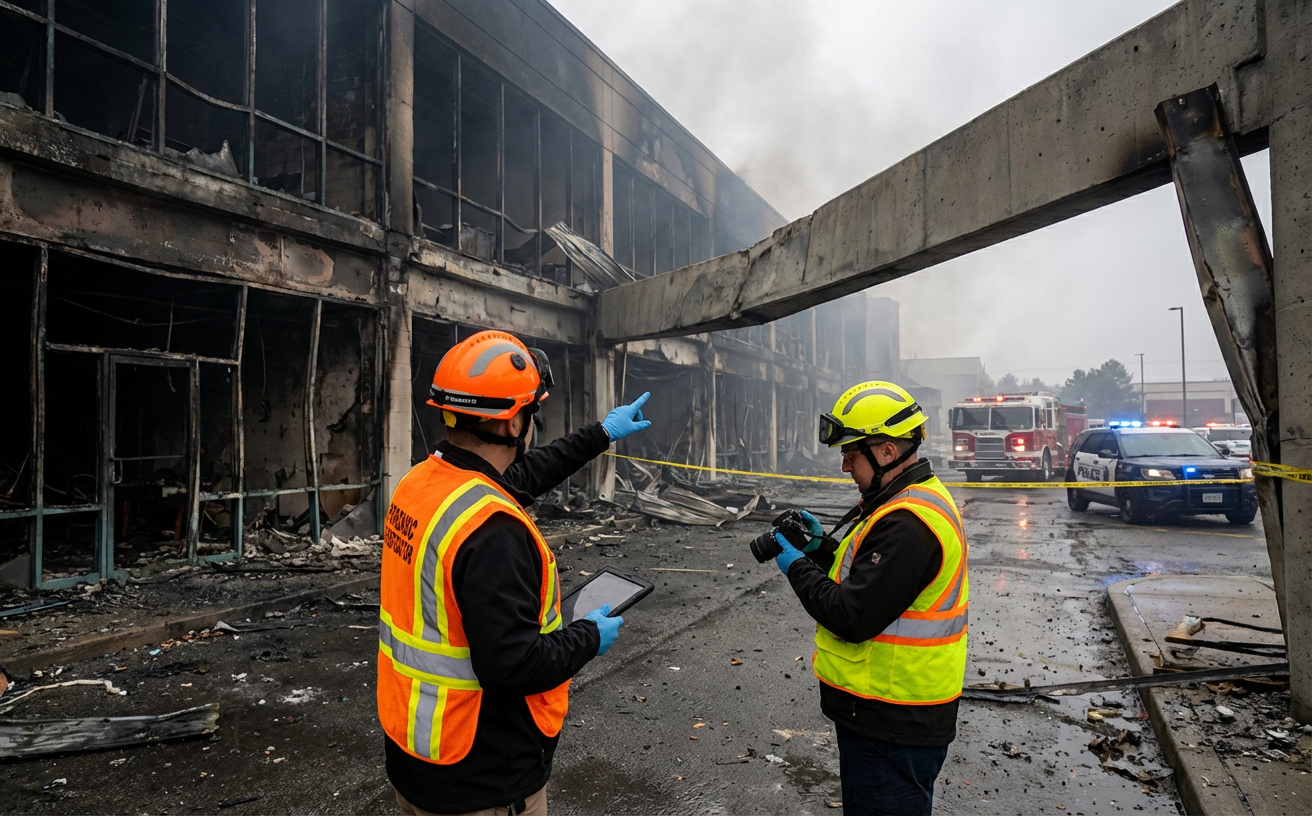 Deux experts incendie analysant les dommages structurels sur la façade d’un bâtiment sinistré