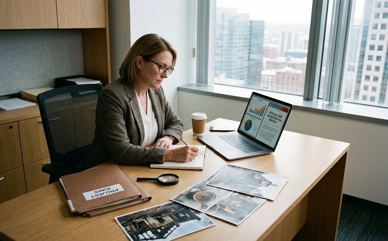 Expert incendie rédigeant un rapport officiel d’investigation avec données et preuves