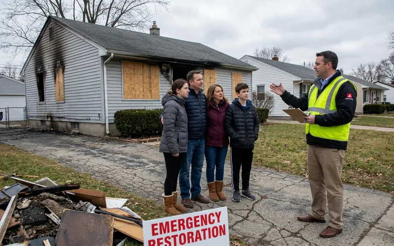 Famille devant leur maison endommagee par le feu
