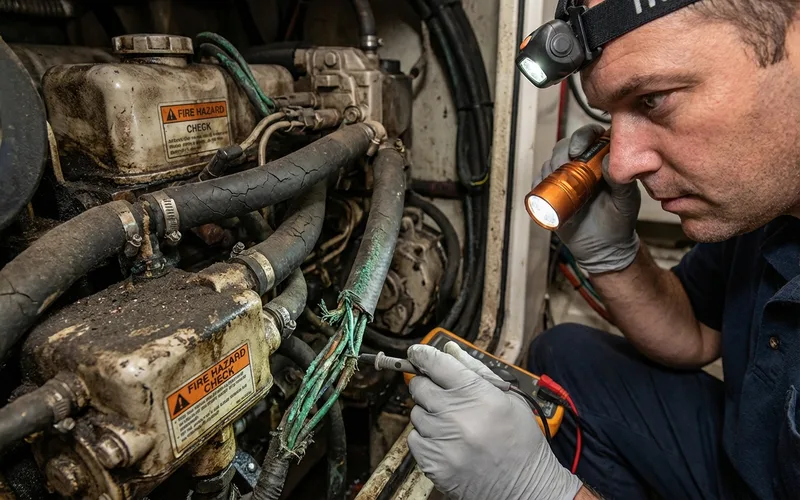 Inspection compartiment moteur bateau et cablage electrique