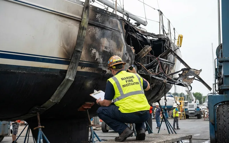 Investigateur maritime inspectant les degats sur un voilier