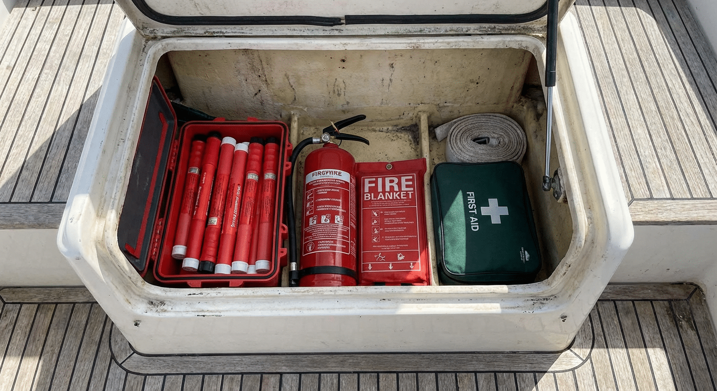 Fusees de detresse et equipements incendie dans coffre