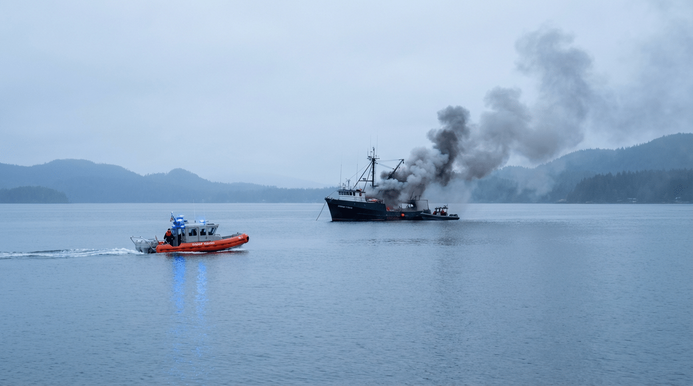 Garde-côtes intervenant sur un bateau en feu au mouillage