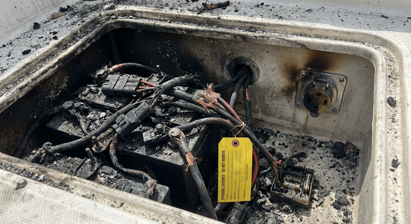 Compartiment batteries brûlé et câbles fondus sur un bateau