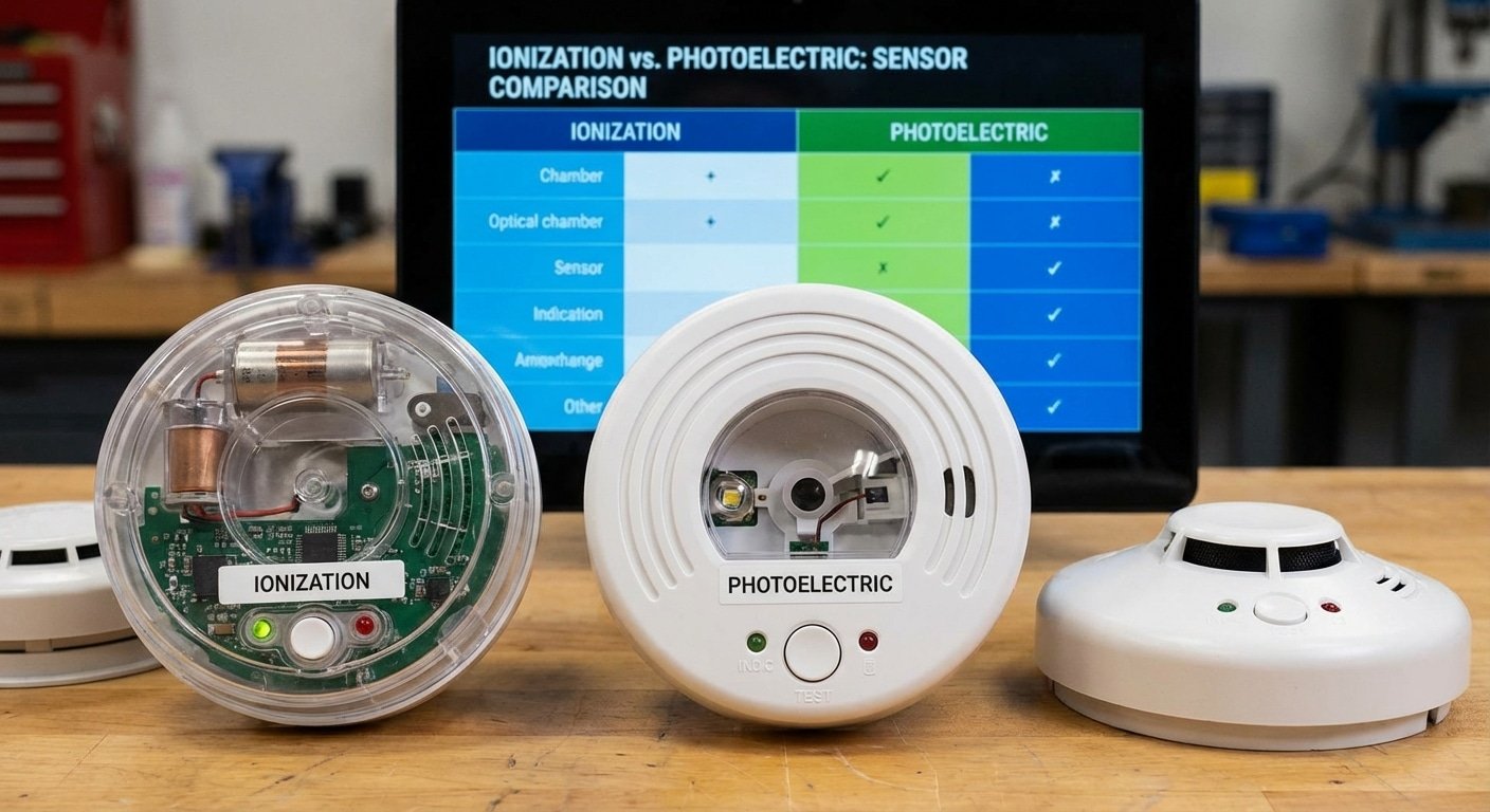 Differents types de detecteurs de fumee ioniques et photoelectriques