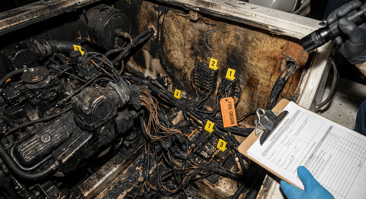 Compartiment moteur brûlé et câblage fondu sur un bateau sinistré