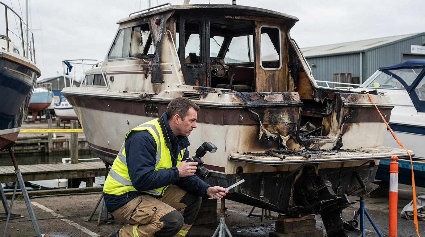 Homme en gilet jaune photographiant un bateau brûlé en cale sèche, mesurant les dégâts pour expertise après un sinistre.