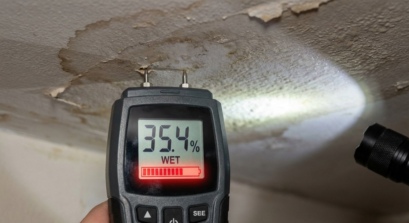 Mesure d humidite au plafond montrant des niveaux eleves apres degats des eaux