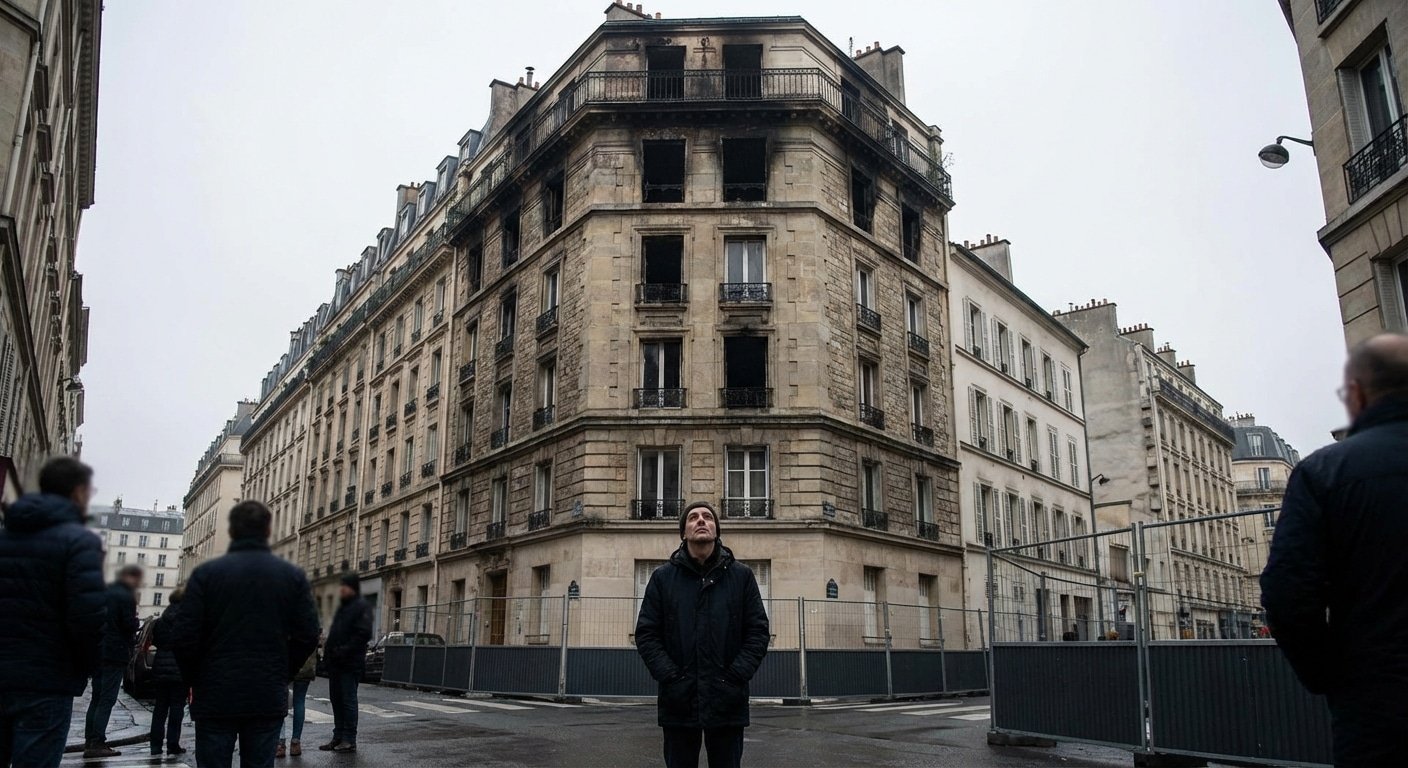 Immeuble endommage par un incendie avec un locataire inquiet devant le batiment