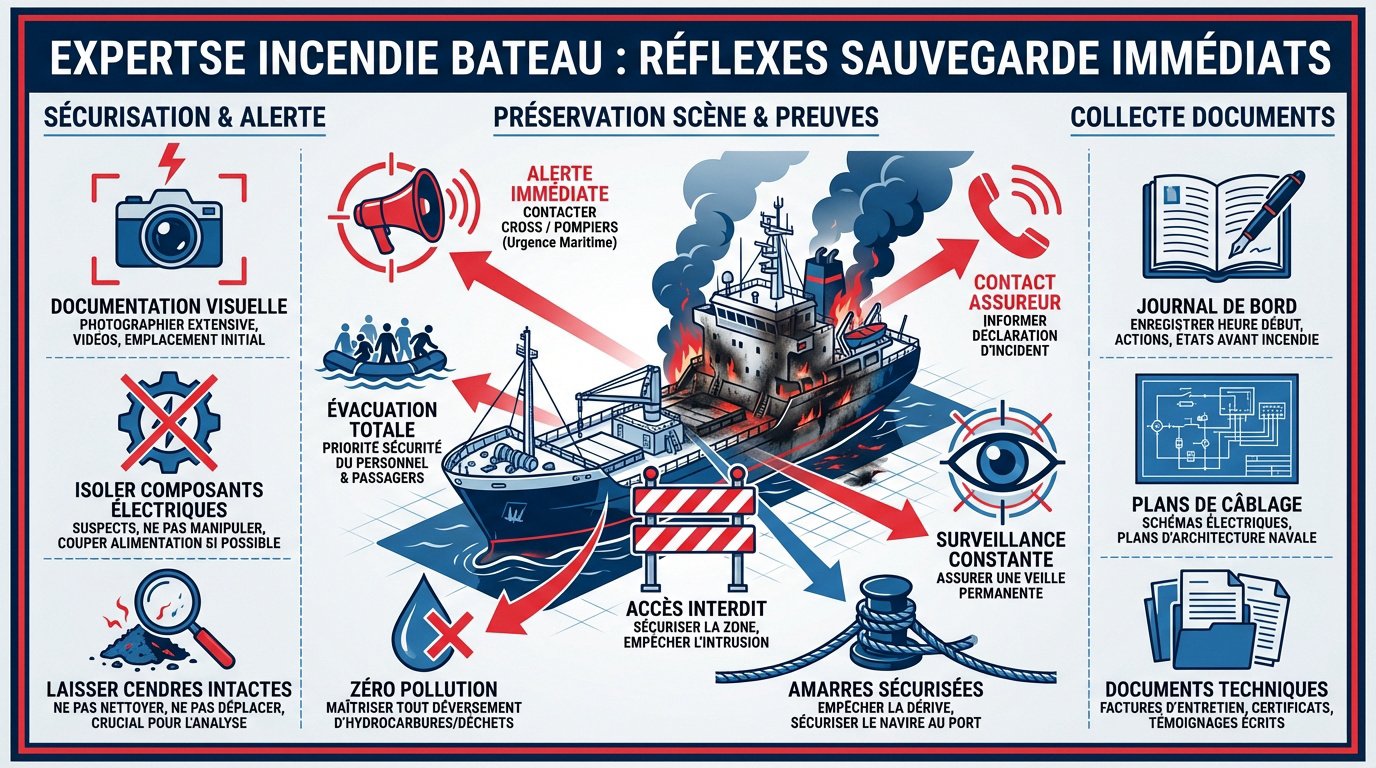 Expertise technique après un incendie de bateau de plaisance au port