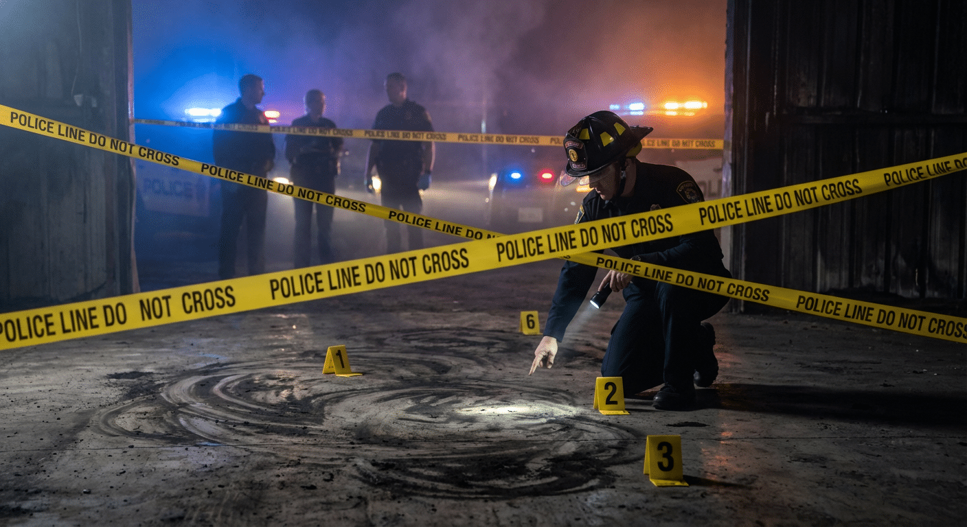 Incendie criminel - investigation scene avec indices forensiques