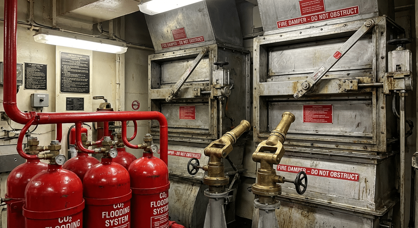 Systeme de suppression incendie maritime CO2 et mousse en salle des machines