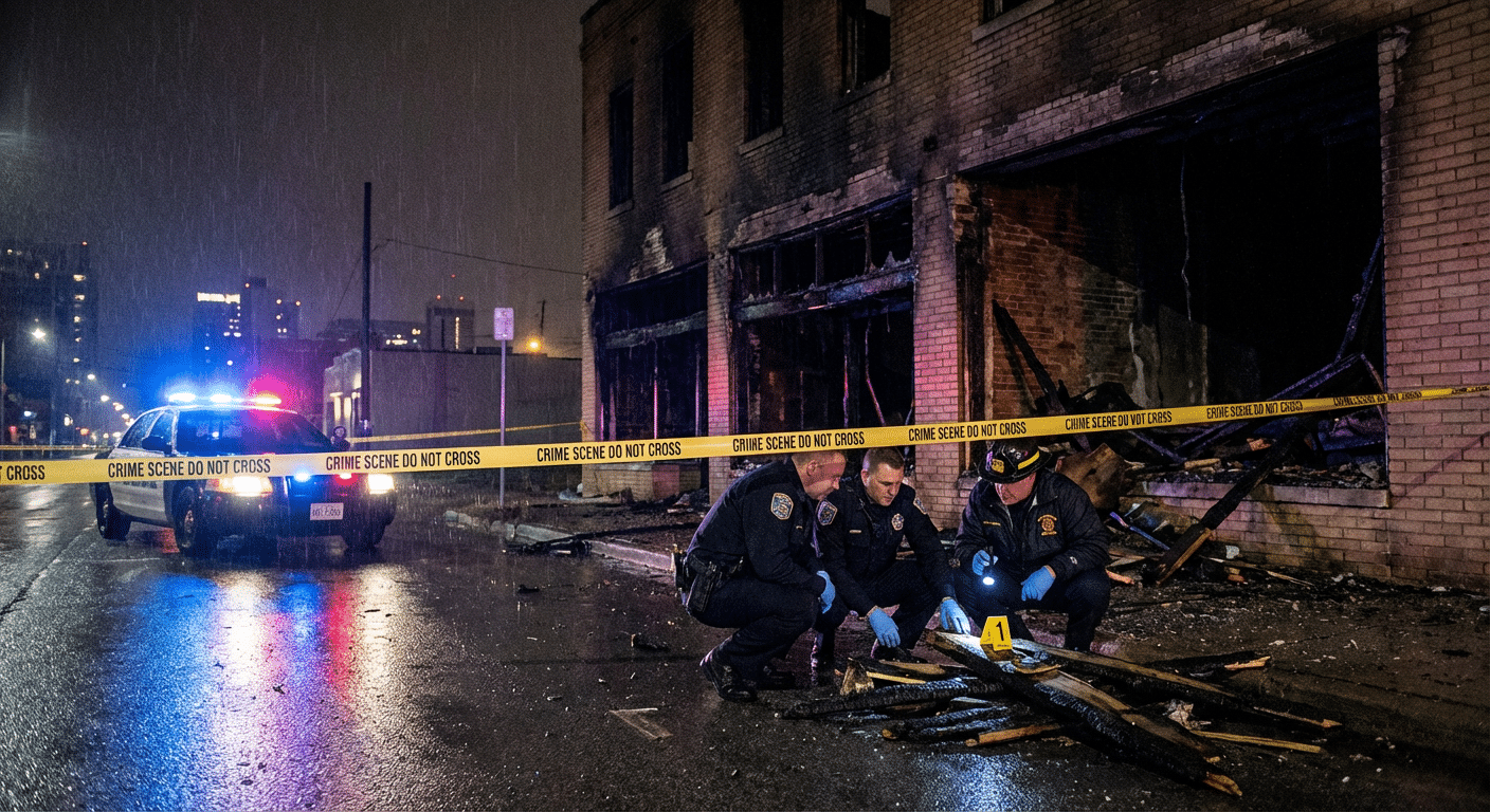 Incendie volontaire risques juridiques - scene de crime avec investigation police et expert