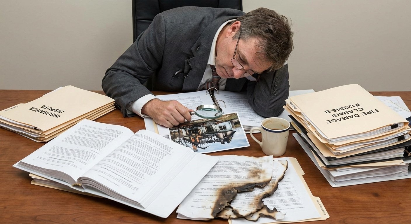 Avocat examinant un dossier de litige avec l assurance et les documents de recours pour sinistre incendie