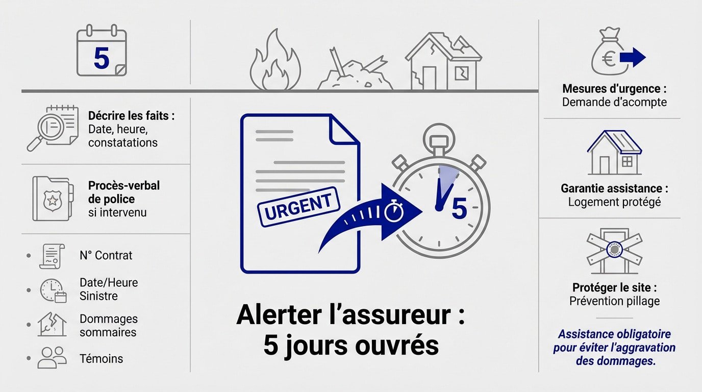 Procédure d'alerte assureur sous 5 jours ouvrés pour sinistre incendie