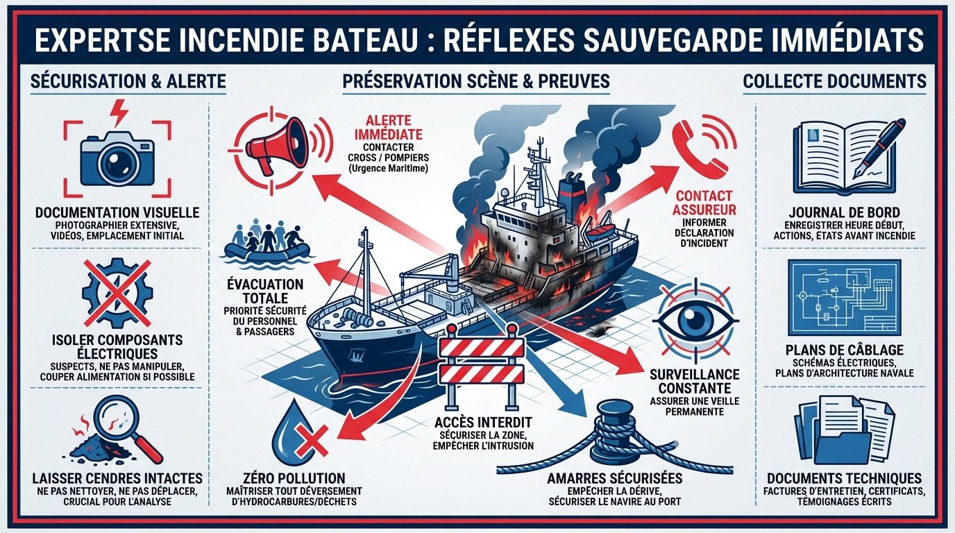 Expertise technique après un incendie de bateau de plaisance au port